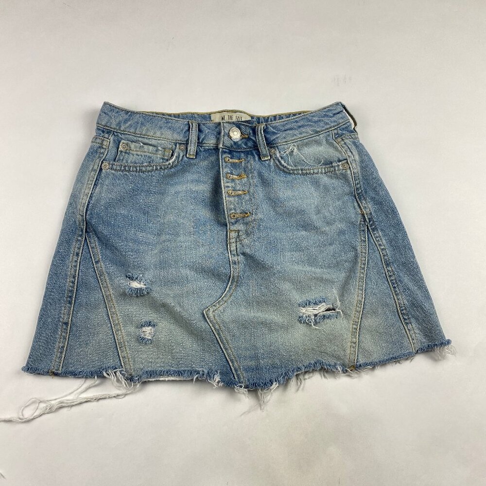 We The Free People Denim Skirt Womens 26 Blue Jean Button Fly Raw Hem Distressed
